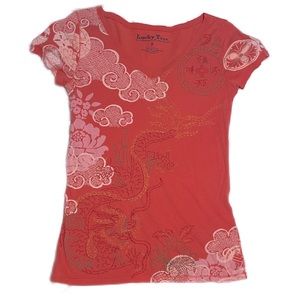 Lucky Tees Embroidered Dragon Scenic Graphic Tee With Clouds In Red